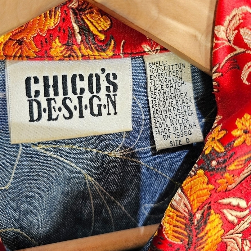 Chicos Patchwork Denim Jacket Womens Size Small Boho Jacquard Festival Vintage - Picture 16 of 16